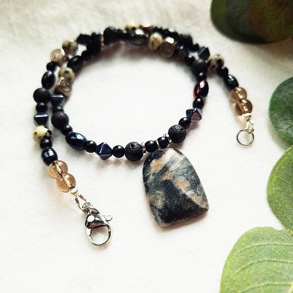 Beaded Jasper Pendant Necklace, Boho Grunge Necklace, Hippie Goth Choker - Picture 4 of 9